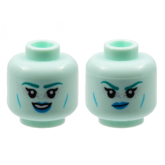 Minifigure, Head Dual Sided Alien Female Dark Turquoise Eyebrows, Silver Freckles, Dark Azure Lips, Cheek Lines, Smile / Scowl Pattern - Hollow Stud