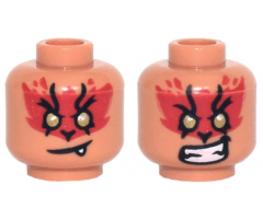 Minifigure, Head Dual Sided, Red Fur, Gold Eyes, Crooked Mouth with Fang / Teeth Bared Grimace Pattern - Hollow Stud