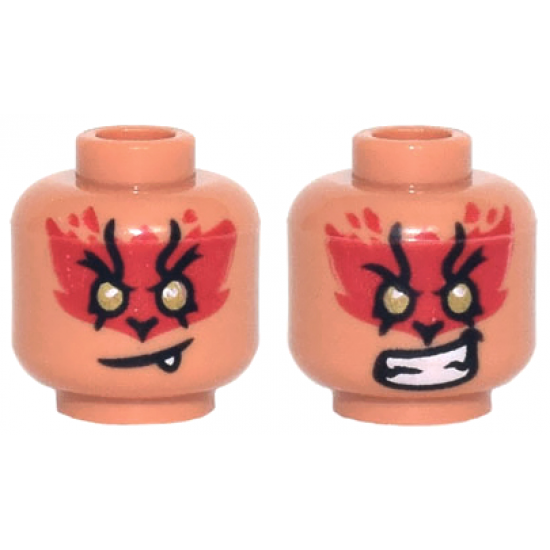 Minifigure, Head Dual Sided, Red Fur, Gold Eyes, Crooked Mouth with Fang / Teeth Bared Grimace Pattern - Hollow Stud