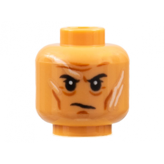 Minifigure, Head Dark Orange Brow Furrows, Cheek Lines, Chin Dimple, Black Eyebrows, White Scars Pattern - Hollow Stud