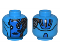 Minifigure, Head Alien Female with Blue Face, Dark Blue Lips, Mechanical Left Eye, Copper Plates, and Silver Stripes on Back Pattern - Hollow Stud