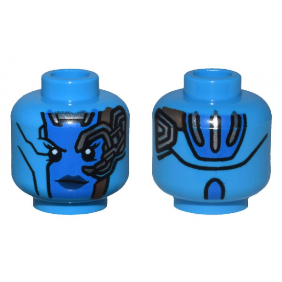 Minifigure, Head Alien Female with Blue Face, Dark Blue Lips, Mechanical Left Eye, Copper Plates, and Silver Stripes on Back Pattern - Hollow Stud