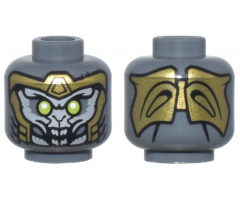 Minifigure, Head Alien with Gold Armor, Light Bluish Gray Face, Lime Eyes, Large Open Mouth Pattern - Hollow Stud