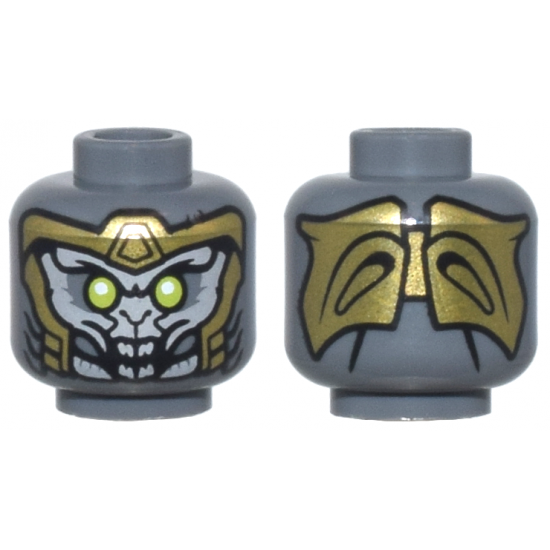 Minifigure, Head Alien with Gold Armor, Light Bluish Gray Face, Lime Eyes, Large Open Mouth Pattern - Hollow Stud