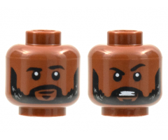 Minifigure, Head Dual Sided, Black Eyebrows and Beard with Light Bluish Gray Highlights, Neutral / Angry Pattern - Hollow Stud