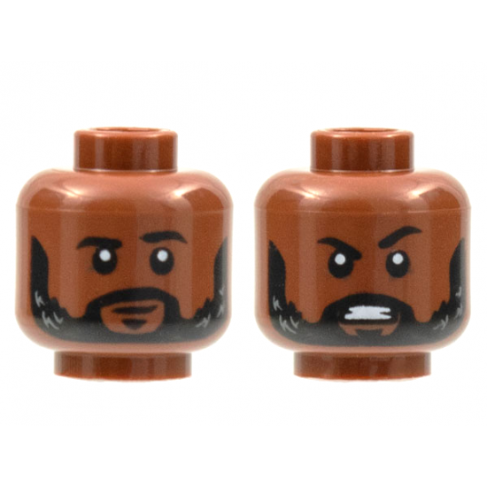 Minifigure, Head Dual Sided, Black Eyebrows and Beard with Light Bluish Gray Highlights, Neutral / Angry Pattern - Hollow Stud