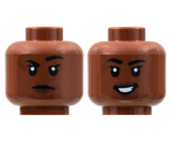 Minifigure, Head Dual Sided Female, Black Eyebrows, Dark Brown Lips, Raised Right Eyebrow / Smile with Teeth Pattern - Hollow Stud
