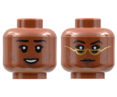 Minifigure, Head Dual Sided Female, Black Eyebrows, Dark Brown Cheek Lines and Lips, Open Smile / Neutral with Gold Glasses Pattern - Hollow Stud