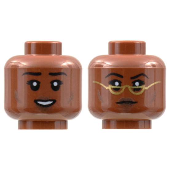 Minifigure, Head Dual Sided Female, Black Eyebrows, Dark Brown Cheek Lines and Lips, Open Smile / Neutral with Gold Glasses Pattern - Hollow Stud