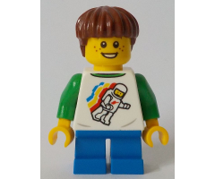 Boy, Classic Space Shirt with Minifigure Floating and Back Print, Blue Short Legs, Reddish Brown Hair