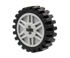 Wheel & Tire Assembly 18mm D. x 8mm with Fake Bolts and Shallow Spokes and Axle Hole with Black Tire Offset Tread - Band Around Center of Tread (56903 / 61254)