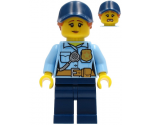 Police - City Officer Female, Bright Light Blue Shirt with Badge and Radio, Dark Blue Legs, Dark Blue Cap with Dark Orange Ponytail, Pensive Smile