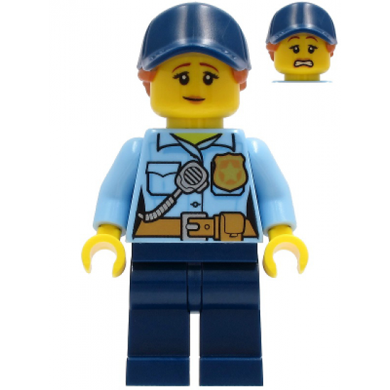 Police - City Officer Female, Bright Light Blue Shirt with Badge and Radio, Dark Blue Legs, Dark Blue Cap with Dark Orange Ponytail, Pensive Smile