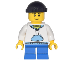 White Hoodie with Blue Pockets, Blue Short Legs, Black Knit Cap