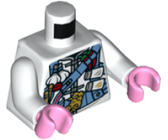 Torso Chef Jacket with Medium Blue Utility Belts, Chili Peppers, Garlic, Salt and Pepper, Gold Pig Buckle Pattern / White Arms / Bright Pink Hands
