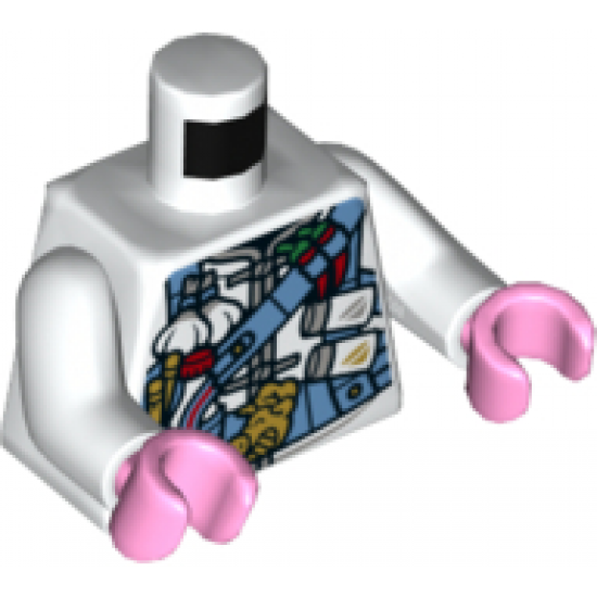 Torso Chef Jacket with Medium Blue Utility Belts, Chili Peppers, Garlic, Salt and Pepper, Gold Pig Buckle Pattern / White Arms / Bright Pink Hands