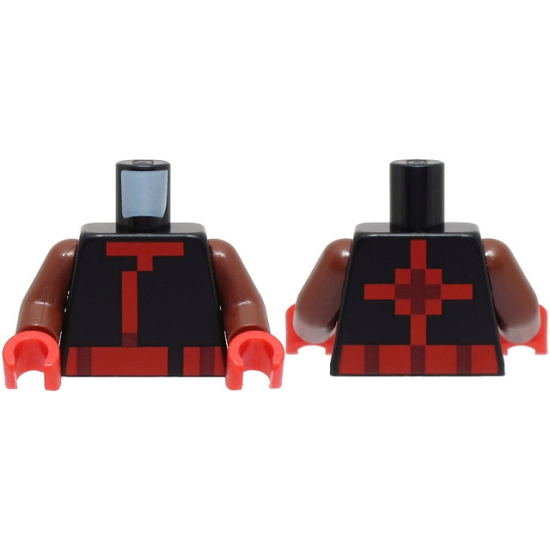 Torso Pixelated Ninja Tunic with Red and Dark Red Hems and Sash, Cross on Back Pattern / Reddish Brown Arms / Red Hands
