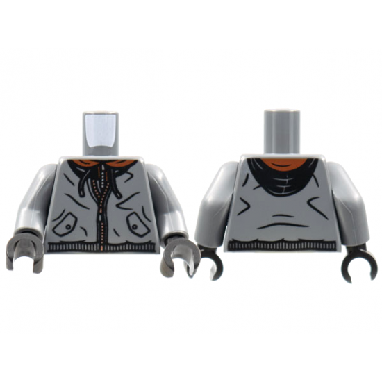 Torso Hoodie, Black Hood and Drawstrings, Reddish Brown Collar, Silver Zipper Pattern / Dark Bluish Gray Arms / Black Hands