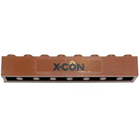 Brick 1 x 8 with Dark Blue 'X-CON' and Gold Circle Pattern (Sticker) - Set 76192