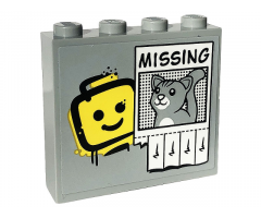 Brick 1 x 4 x 3 with Yellow Minifigure Head Graffiti, Black 'MISSING' and Light Bluish Gray Cat on Poster Pattern (Sticker) - Set 60319