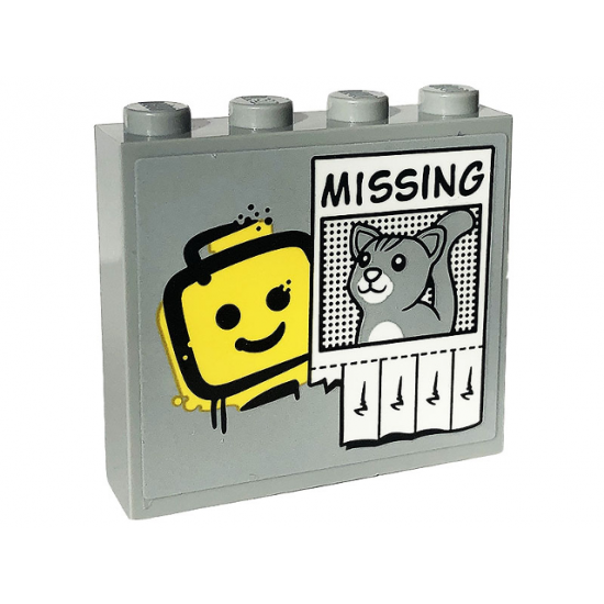 Brick 1 x 4 x 3 with Yellow Minifigure Head Graffiti, Black 'MISSING' and Light Bluish Gray Cat on Poster Pattern (Sticker) - Set 60319