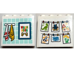 Brick 1 x 4 x 3 with Towels, Poster with 'WASH YOUR' and Minifigure Hands and Hanging Children's Paintings Pattern on Both Sides (Stickers) - Set 60291