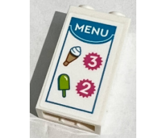 Brick 1 x 2 x 3 with 'MENU' with Lime and Medium Nougat Ice Creams and Numbers 2 and 3 in Magenta Serrated Circels with Dark Azure Frame Pattern (Sticker) - Set 60314