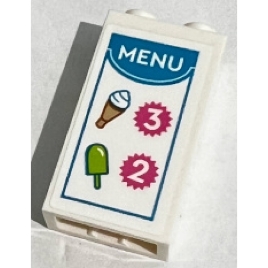 Brick 1 x 2 x 3 with 'MENU' with Lime and Medium Nougat Ice Creams and Numbers 2 and 3 in Magenta Serrated Circels with Dark Azure Frame Pattern (Sticker) - Set 60314