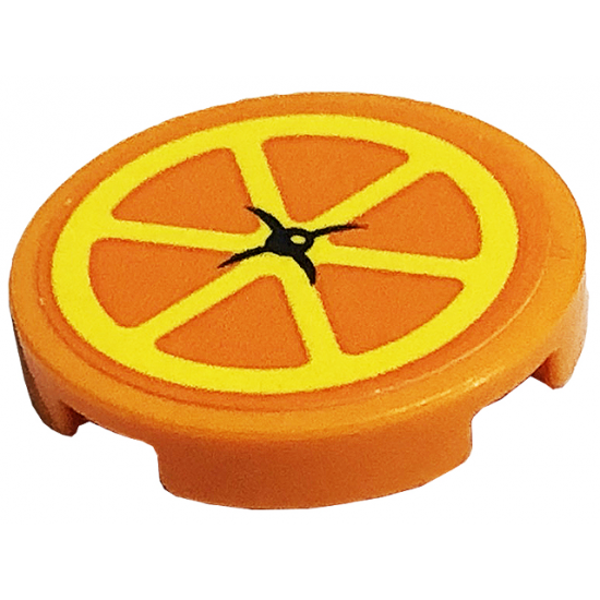 Tile, Round 2 x 2 with Bottom Stud Holder with Cushion with Orange Slice and Black Button Pattern (Sticker) - Set 41701