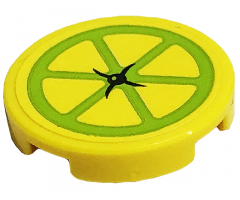 Tile, Round 2 x 2 with Bottom Stud Holder with Cushion with Lemon Slice and Black Button Pattern (Sticker) - Set 41701
