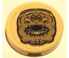 Tile, Round 2 x 2 with Bottom Stud Holder with Dark Tan Rancor Head Pattern (Sticker) - Set 75326