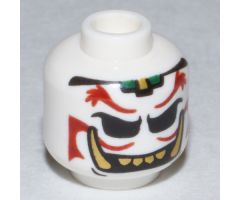 Minifigure, Head Dual Sided Alien Dark Red Eyebrows and Moustache, Gold Teeth and Fangs, Sad / Evil Grin Pattern - Hollow Stud