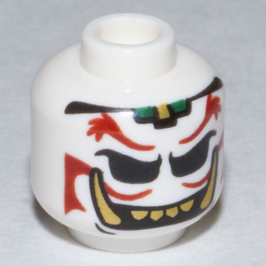 Minifigure, Head Dual Sided Alien Dark Red Eyebrows and Moustache, Gold Teeth and Fangs, Sad / Evil Grin Pattern - Hollow Stud