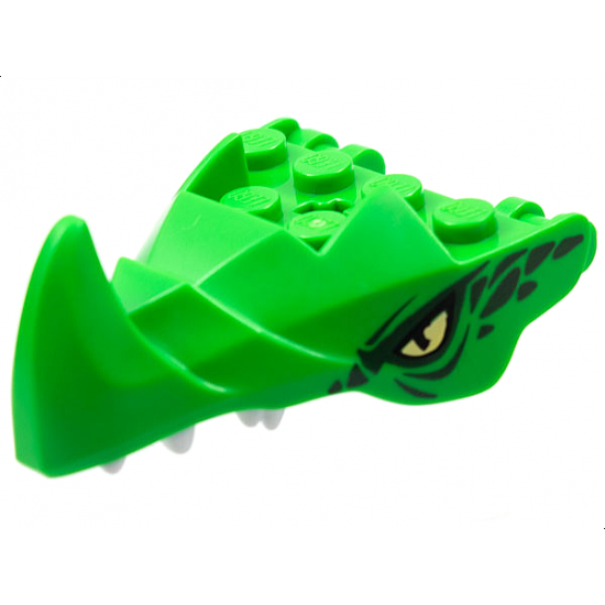 Dragon Head (Ninjago) Jaw with Large Spike and 2 Bar Handles on Back with Yellow Eyes, Dark Green Scales, and White Teeth Pattern