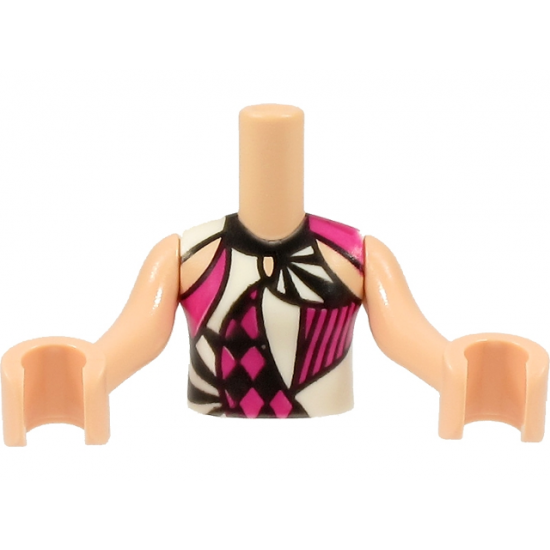Torso Mini Doll Girl Black, Magenta and White Harlequin Shirt Pattern, Light Nougat Arms with Hands