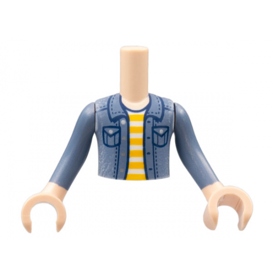 Torso Mini Doll Boy Sand Blue Denim Jacket, White and Bright Light Orange Striped Shirt Pattern, Light Nougat Arms with Hands with Sand Blue Sleeves