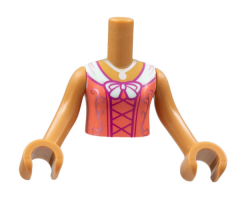 Torso Mini Doll Girl Coral Dress, Silver Necklace and Filigree, White Collar, Magenta Stitching Pattern, Medium Nougat Arms with Hands