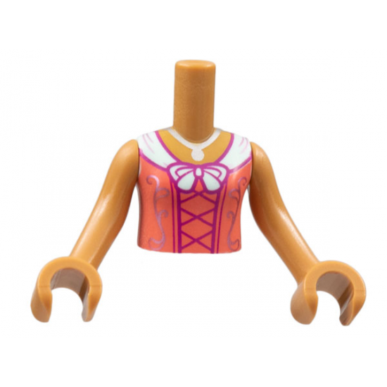 Torso Mini Doll Girl Coral Dress, Silver Necklace and Filigree, White Collar, Magenta Stitching Pattern, Medium Nougat Arms with Hands