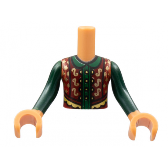 Torso Mini Doll Boy Dark Red Vest with Gold Trim, Dark Green Shirt Pattern, Nougat Arms with Hands with Dark Green Long Sleeves