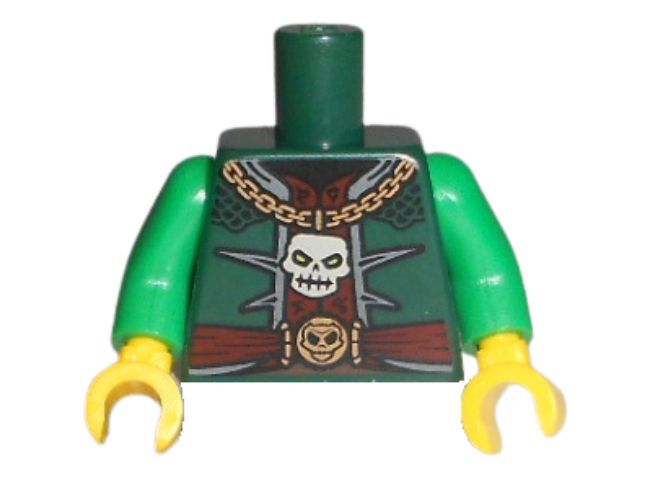 Torso Open Jacket over Dark Red Vest, Gold Necklace with White Skull, Belt with Buckle and Emblem Pattern (BAM) / Green Arms / Yellow Hands