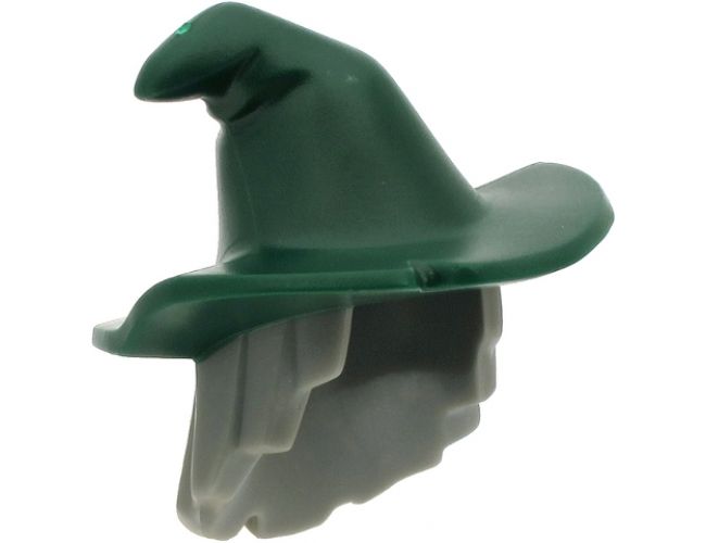 Minifigure, Hair Combo, Hair with Hat, Mid-Length Scraggly with Dark Green Floppy Witch Hat Pattern (BAM)