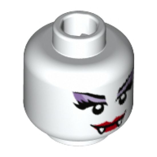 Minifigure, Head Alien Female with Red Lips, Fangs and Purple Eye Shadow Pattern - Hollow Stud