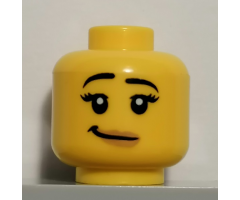 Minifigure, Head Female with Black Raised Eyebrows, Eyelashes, White Pupils, Nougat Lips, Lopsided Smile Pattern - Hollow Stud