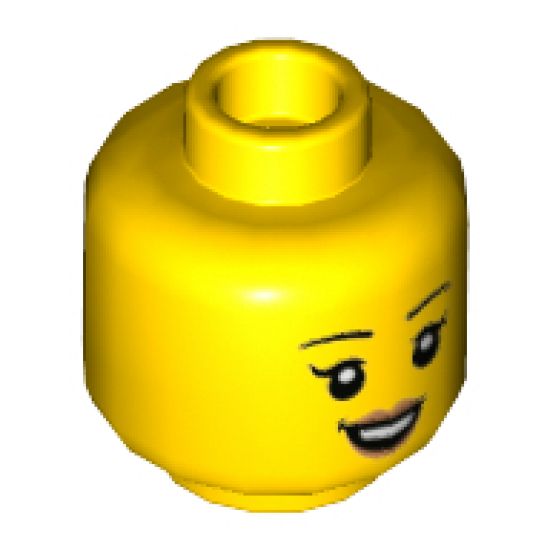 Minifigure, Head Female Black Eyebrows, Eyelashes, Peach Lips, Smile, Teeth Pattern - Hollow Stud