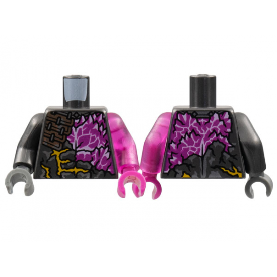 Torso Broken Armor, Magenta Chest Pattern / Trans-Dark Pink Arm Left / Pearl Dark Gray Arm Right / Magenta Hand Left / Dark Bluish Gray Hand Right