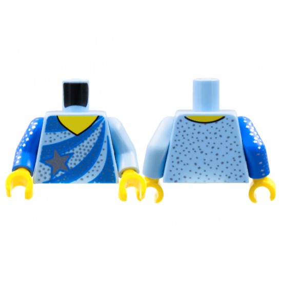 Torso Ice Skating Leotard, Blue Stripes, Silver Star and Speckles Pattern / Bright Light Blue Arm Left / Blue Arm with Silver Star Speckles Right / Yellow Hands