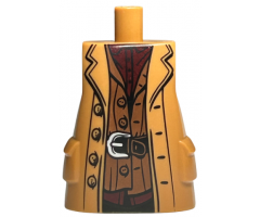 Torso Large, Long Coat with Molded Pockets with Broad Lapels, Red Shirt, Reddish Brown Vest, and Black Belt with Silver Buckle Pattern