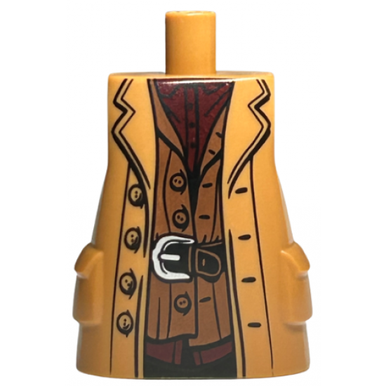 Torso Large, Long Coat with Molded Pockets with Broad Lapels, Red Shirt, Reddish Brown Vest, and Black Belt with Silver Buckle Pattern