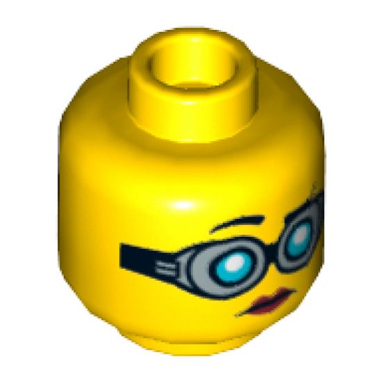 Minifigure, Head Dual Sided Female Red Lips, Goggles, Closed Mouth / Open Mouth Smile Pattern (Christina Hydron) - Hollow Stud