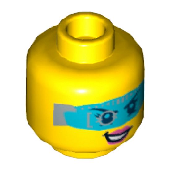 Minifigure, Head Dual Sided Female Digital Eye Glasses, Pink Lips, Smirk / Visor Open Pattern (Caila Phoenix) - Hollow Stud